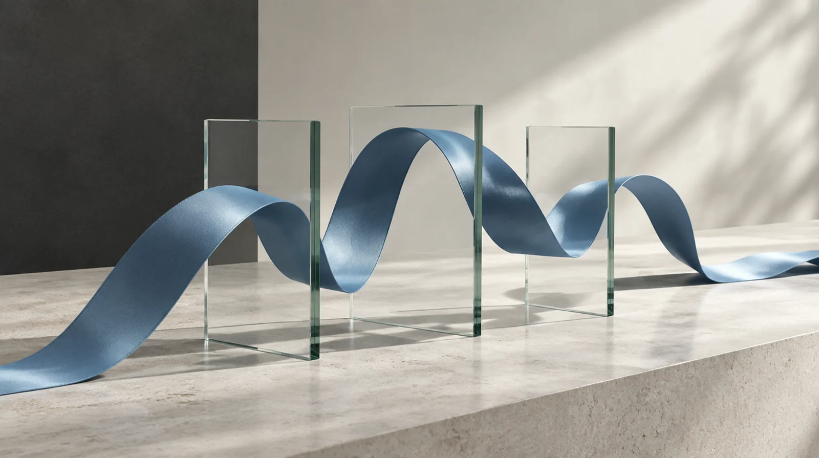 Sculptural blue ribbon joining aligned glass panels